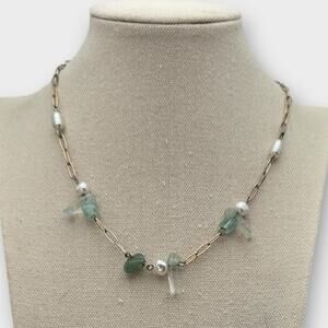Green Glass & Pearl Accent Gold Tone Chain Necklace - Garden Party Romantic
